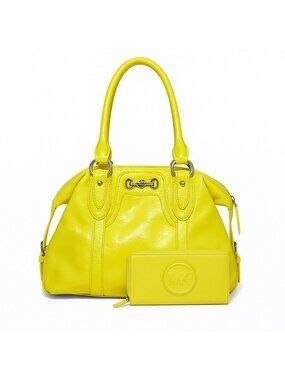 Michael Kors Yellow Patent Leather Satchel Bag With Silver Hardware & Matching W
